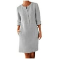 thumbnail image 2 of Robe en Lin de Coton pour Femmes Manches Mi-Longues Robe Unie Col Rond Décontractée Robe de Soirée Tenue de Détente, 2 of 5