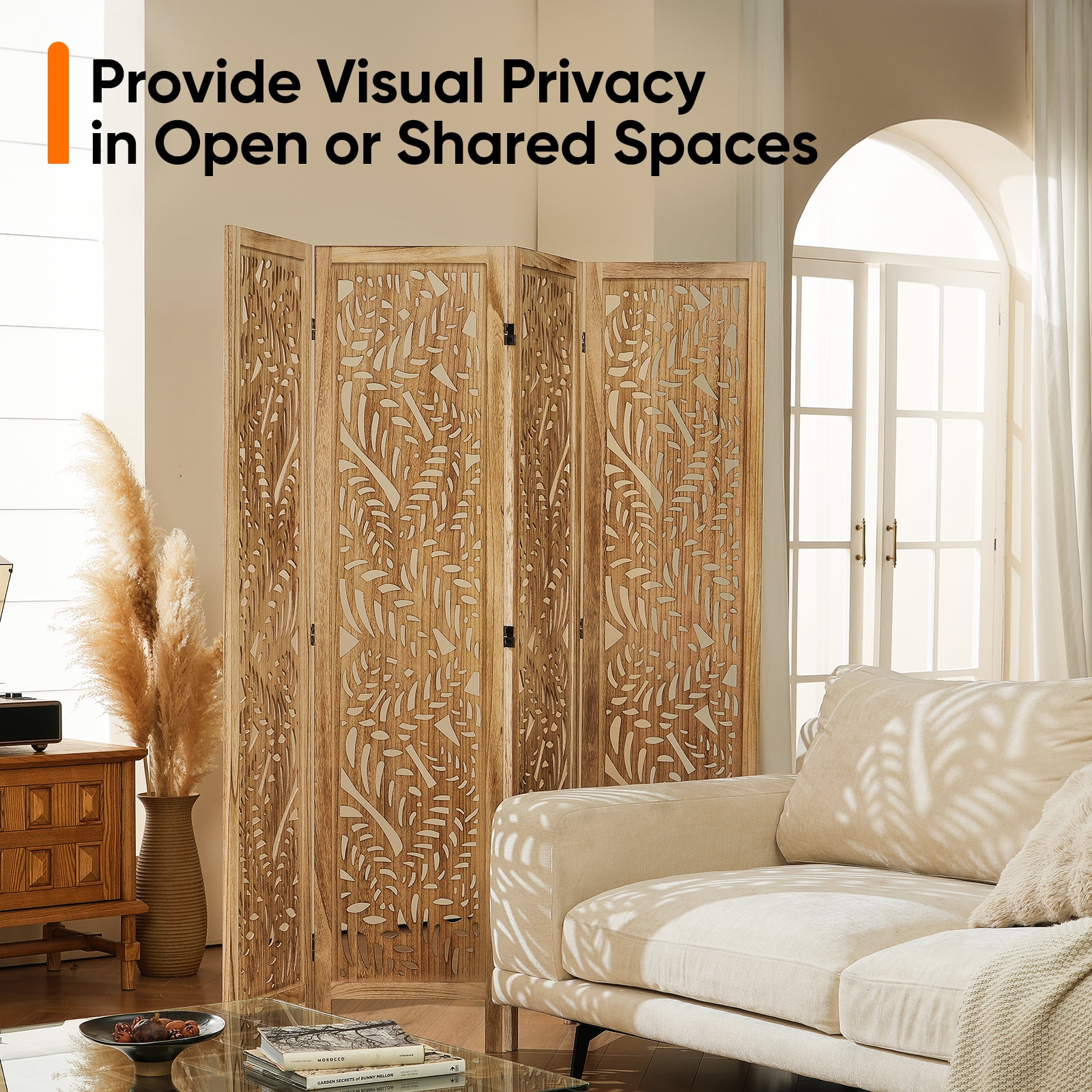 Jostyle 4 Panel Solid Wood Room Divider Privacy Screen - Freestanding Folding Partition with Leaves Openwork Design, Paulownia Wood Frame Natural, No Assembly for Living Room, Bedroom, Office