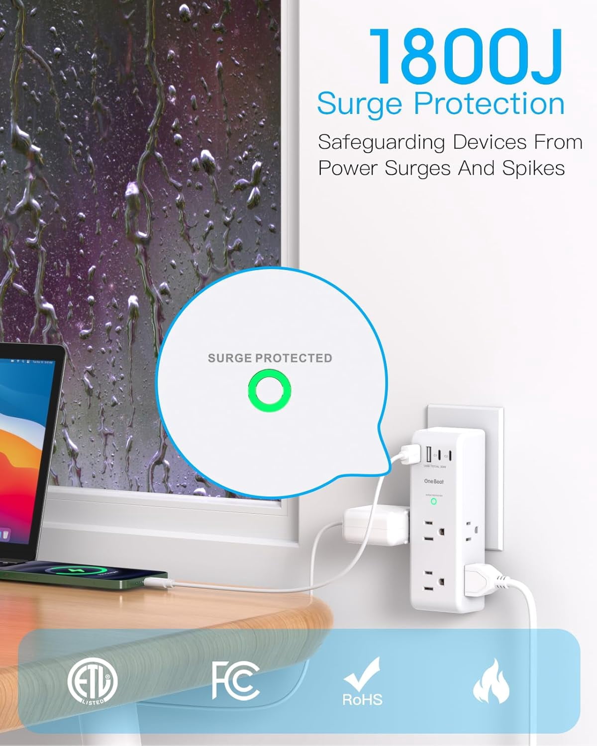 30W PD Surge Protector Outlet Extender, 1800J Rotating Plug, 6 AC Outlets + 4 USB Ports(2 USB C), 3-Sided Swivel Power Adapter for Home Office Dorm