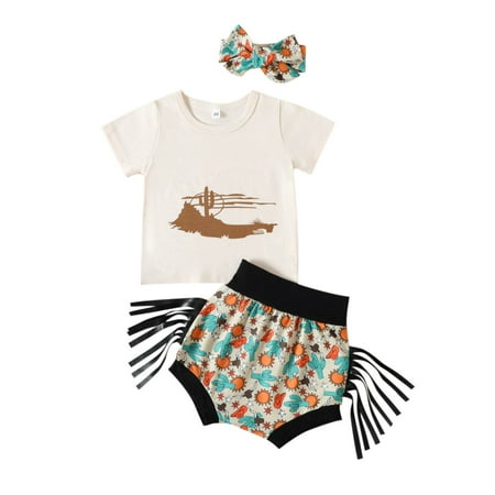 

GWAABD Clothes for Summer Cotton Girls Western Cowboy Style Cactus Cartoon Print Shorts with Tassel Headdress Short Sleeve Shorts Three Pieces Set 0 To 24 Months 80