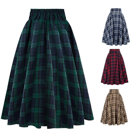 XIAONU Plaid Print Midi Skirt for Women Elastic-Waist Fall School A-Line Flared Bottoms