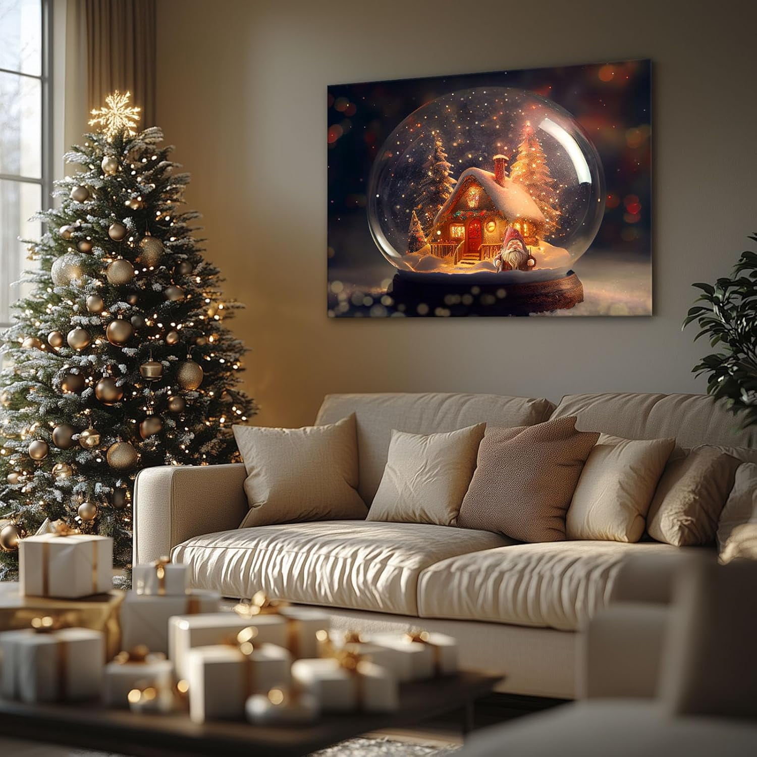 Christmas canvas wall art decor, Festive Cabin with Santa Canvas Print, Winter Holiday Decor for Living Room, Bedroom or Office, Adds a Magical Christmas Atmosphere to Your Home 24X30inch
