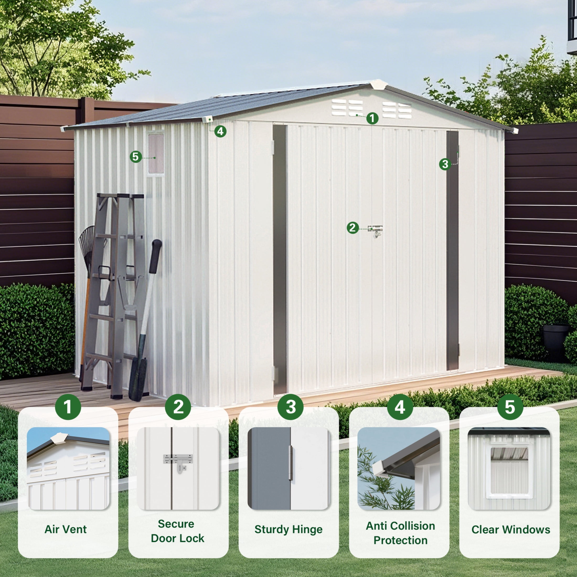 Noble House 8 x 6 FT Metal Storage Shed with Lockable Double Doors, Window and Vents, White + Gray