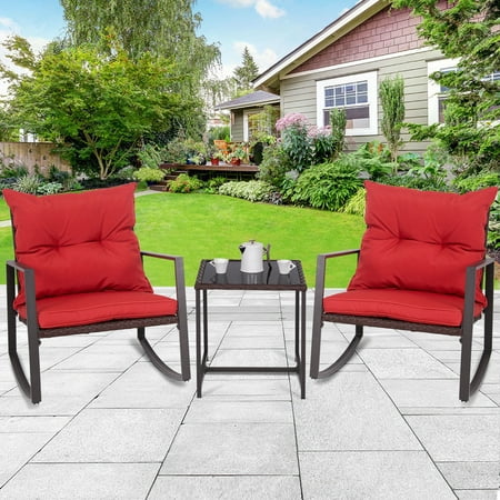 Gymax 3 PCS Patio Rocking Wicker Bistro Set Outdoor Rattan Wicker Set w ...