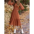 thumbnail image 4 of Womens Long Sleeve Dress Crew Neck High Waist Smocked Flowy Casual Midi Dresses for Women 2023, 4 of 7