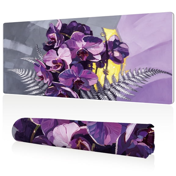 LIVEKEY Mouse Pad Purple Orchid and Fern Design 80x40x0.3cm Extra Large Full Desk Coverage Non Slip Durable Easy Clean Stitched Edges for Gaming and Office