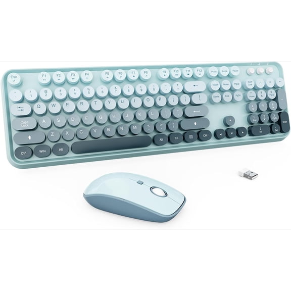 Wireless Keyboard and Mouse Combo - Cute Colorful Keyboard and Mouse, Retro Typewriter Keyboard with 2.4GHz Plug & Play