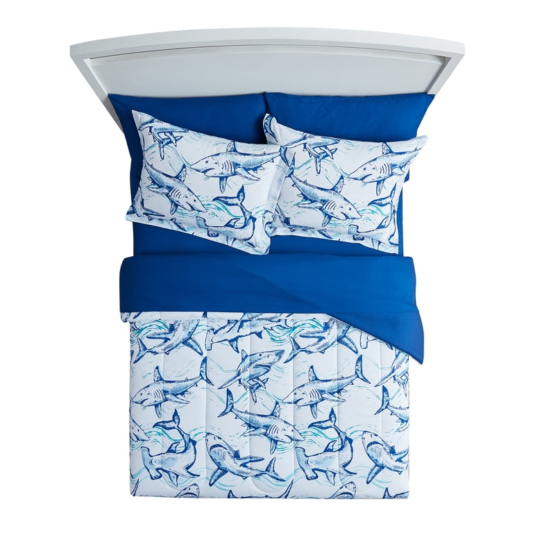 Draps Big Believers Sharks - Twin - 100% Polyester - Bleu, Vert, Gris - Neuf