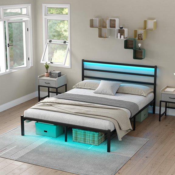 Full Size Bed Frame with Headboard, Metal Platform Bed Frame with LED, Charging Station, No Box Spring Needed, Easy Assembly, Noise Free, Black