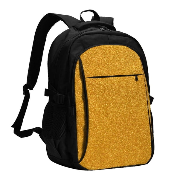 Balery Gold Glitter Mochila con carga USB para hombre y mujer - Mochila impermeable y antirrobo para portátil con puerto USB para viajes, trabajo, estudios y universidad