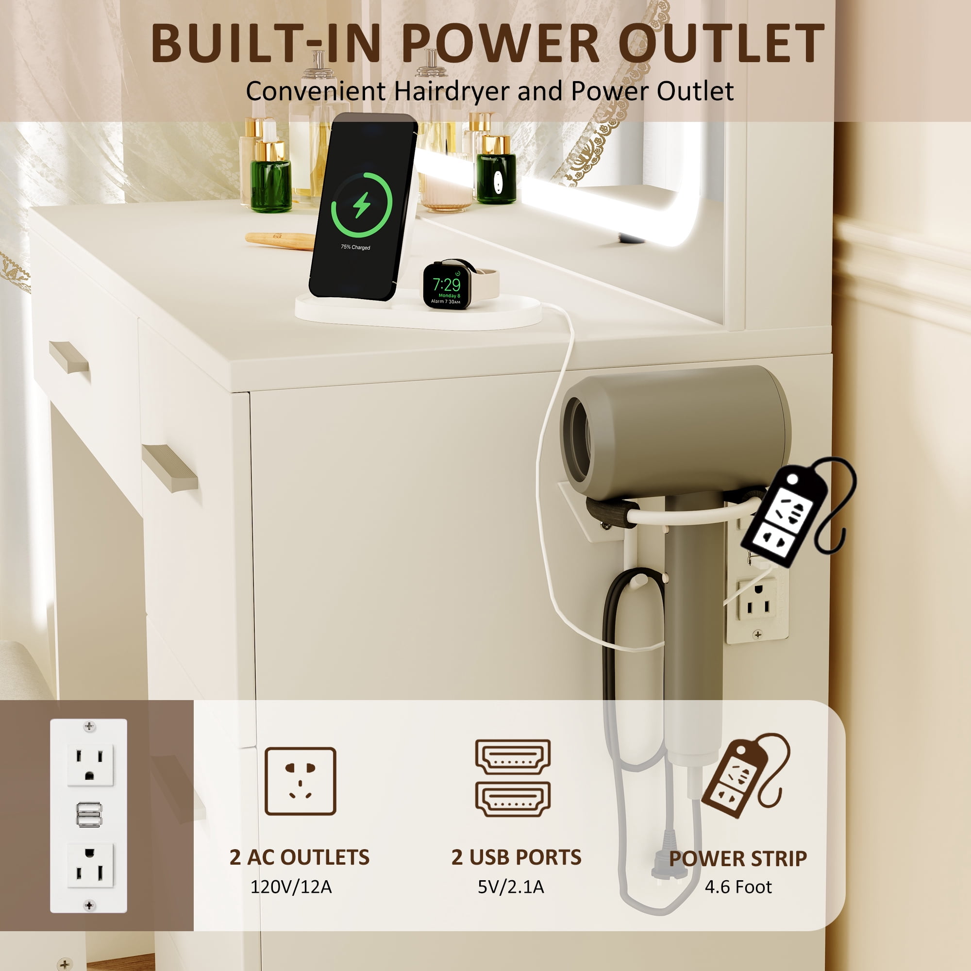 LIVELYGLOW Smart LED Vanity Desk with Stool, Dimmable Lighted Mirror, Built-in Power Outlets & USB Ports, Spacious Drawer Makeup Table for Bedroom,White