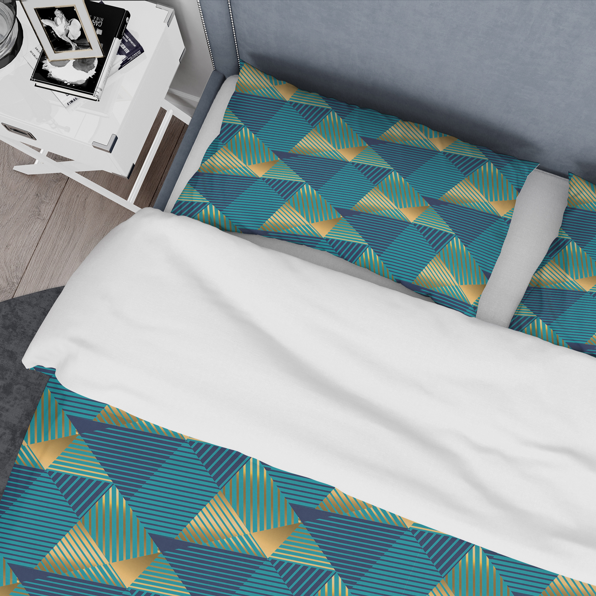 Designart 'Retro Luxury Waves In Gold And Blue VII' Mid-Century Modern Duvet Cover Set