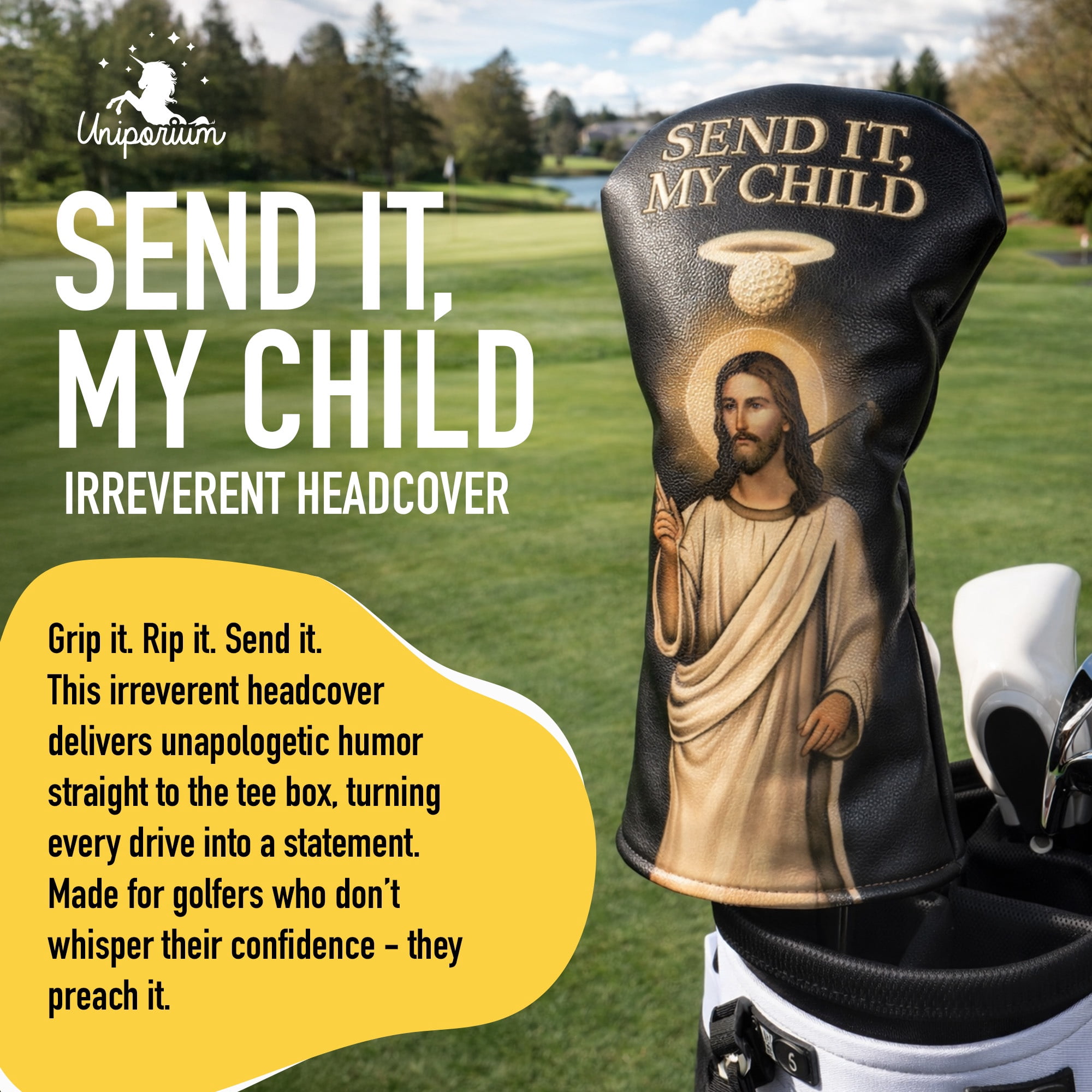 Uniporium Send It, My Child Novelty Head Cover – Premium PU Leather Golf Driver Headcover with Embroidered Details, Designed for Modern 460cc Drivers, and a Fun Golf Accessory and Gift