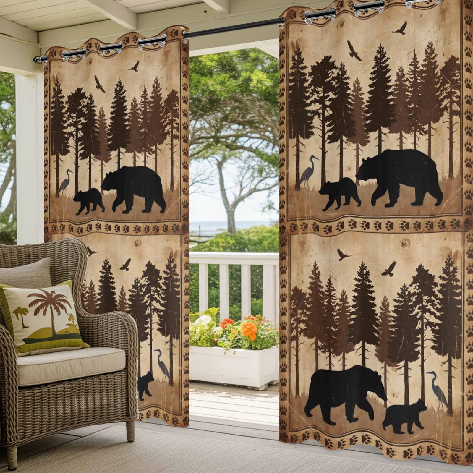 Wildlife Outdoor Curtains for Patio, Rustic Forest Birds Black Bear Silhouettes Sunshade Privacy Drapes Grommet Waterproof Outside Curtains for Porch/Cabana/Balcony 54"x 108", 1 Panel