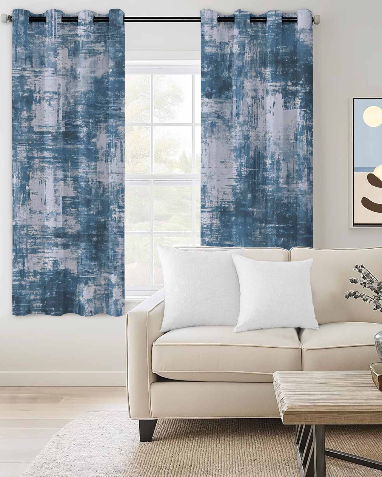 Blue Blackout Curtains for Bedroom Living Room, Modern Abstract Gradient Blue Geometric Texture 39 In Long Thermal Insulated Room Darkening Drapes Grommet Window Treatments, 27.5 x 39 In