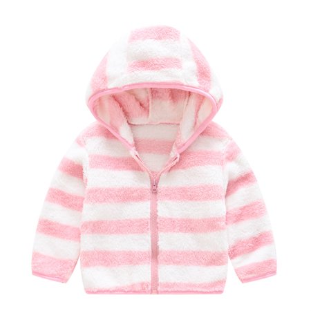 

Baby Kids Hooded Plush Jacket with Bear Ears Hood Cute Furry Short Coat Stripe Pattern Zipper-up Warm Lined Child s Hoodie Outwear for Winter Home 110cm Pink