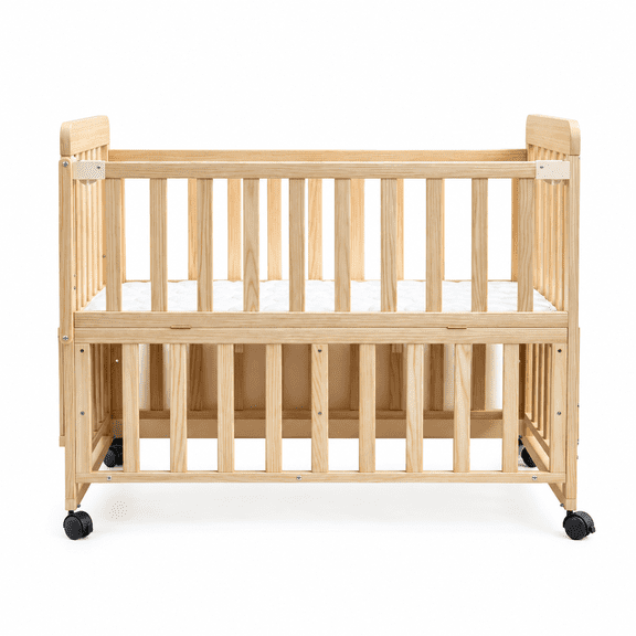 Solid Wood Baby Crib with Rocking Bassinet Function, Adjustable Height, 360° Wheels, Attached Changing Station, Convertible Bedside Sleeper for Nursery