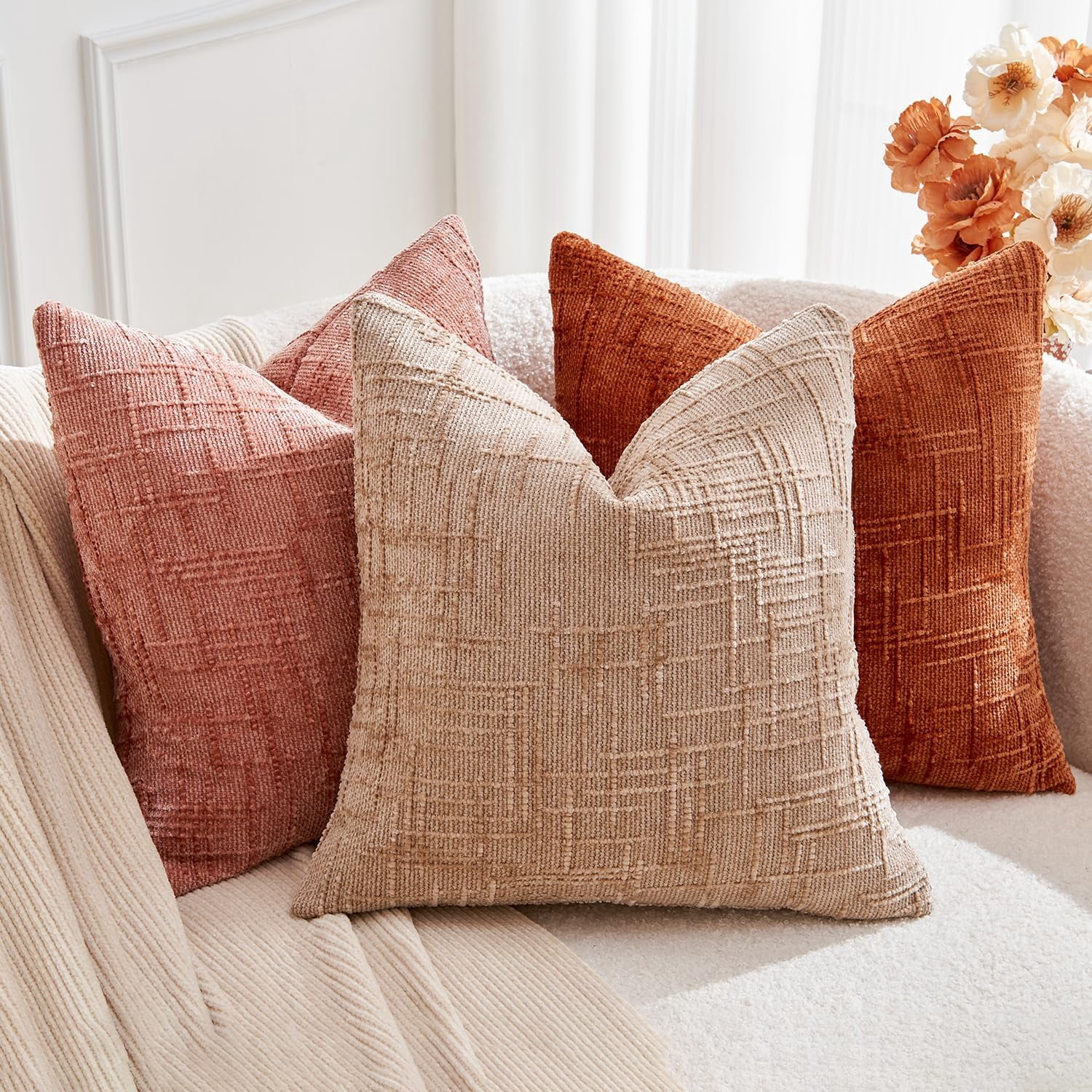 Throw Pillow Covers Burnt Orange Set of 2 24x24 Inch Pillow Covers, Soft Chenille Fall Decorative Cases for Couch Sofa Bed Living Room, Home Neutral Decor, Modern Farmhouse Cushion Covers