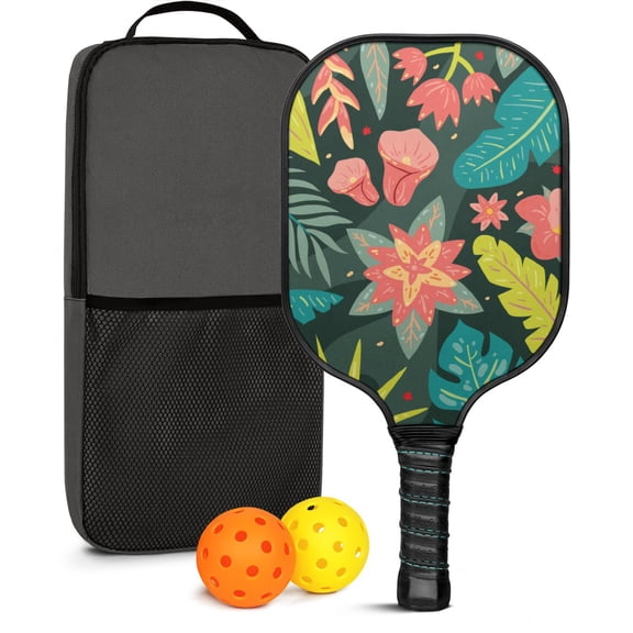 Pickleball Paddles Set Of 1, Fiberglass Surface, Tropical Leaf Print, 1 Paddle, 2 Balls & Bag