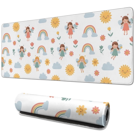 Long Mouse Pads for Desk,White Princess Fairy Sun Pattern Desk Mats on Top Of Desks, Desk Mouse Pad Extra Large with 3mm Non-Slip Base and Stitched Edge for Gaming,Office,Work,Home 31.5"x11.8"