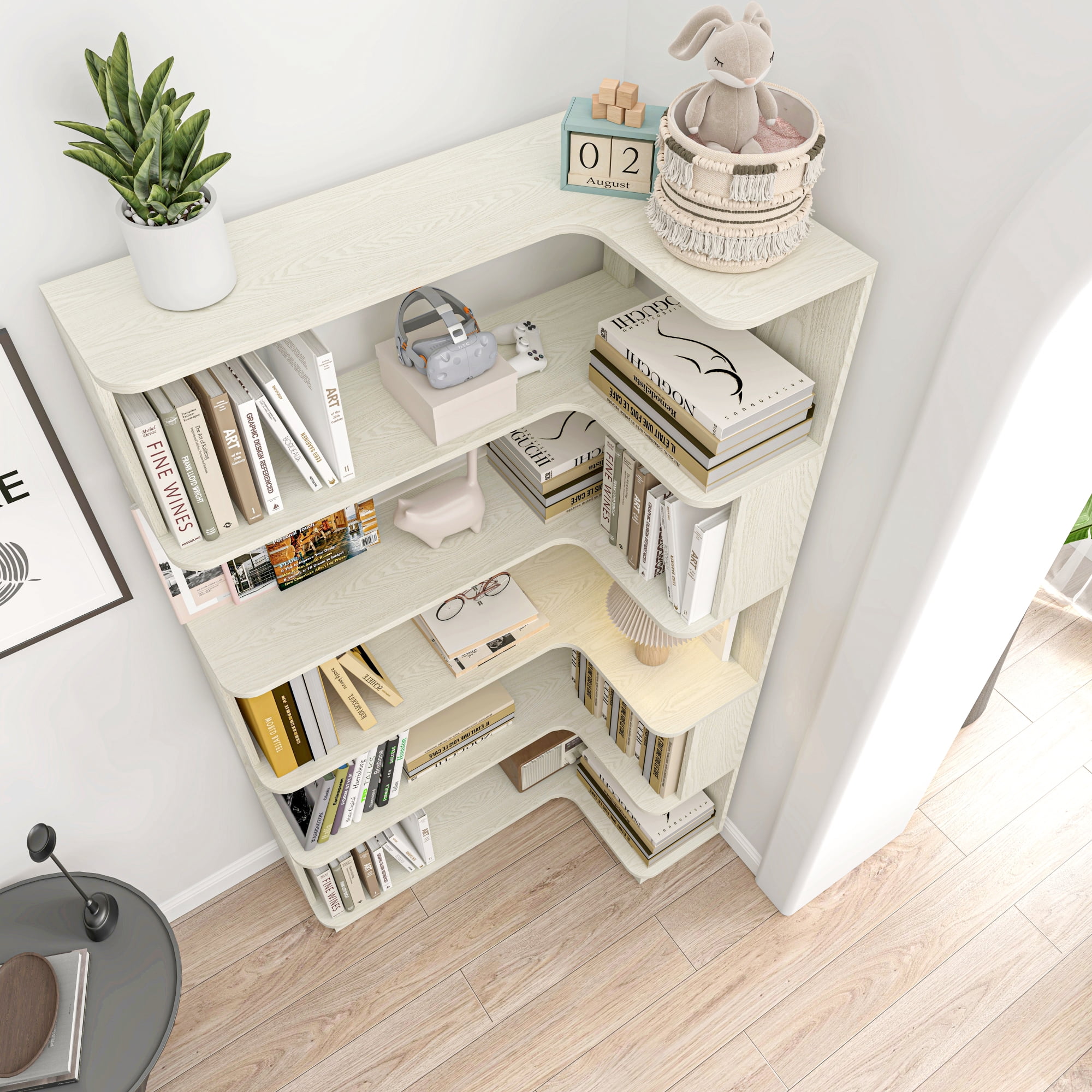 Leumius 5 Tier Freestanding Bookshelf,Wooden L-Shaped Corner Bookcase with Anti-drop Panel and Anti Tipping Device, Display shelf Open Storage,White