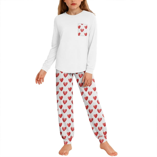 Conjuntos de blusa y camisa de manga larga con cuello redondo para niños y niñas de 5 a 14 años con estampado y bolsillo. Conjunto de top y pantalón de manga larga.