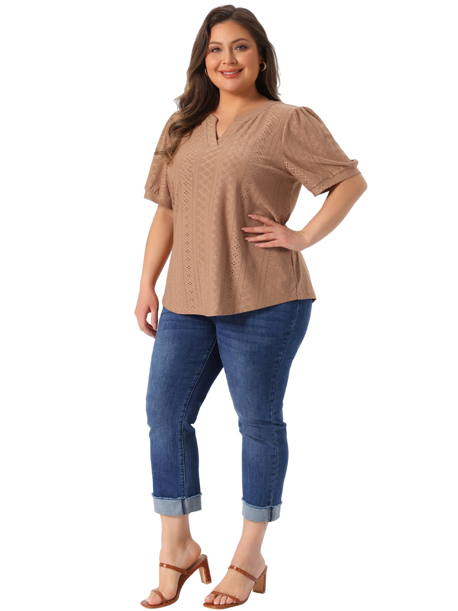 Women's Plus Tops Hollow Casual V Neck Short Sleeve Summer Blouse Shirts 1X Camel