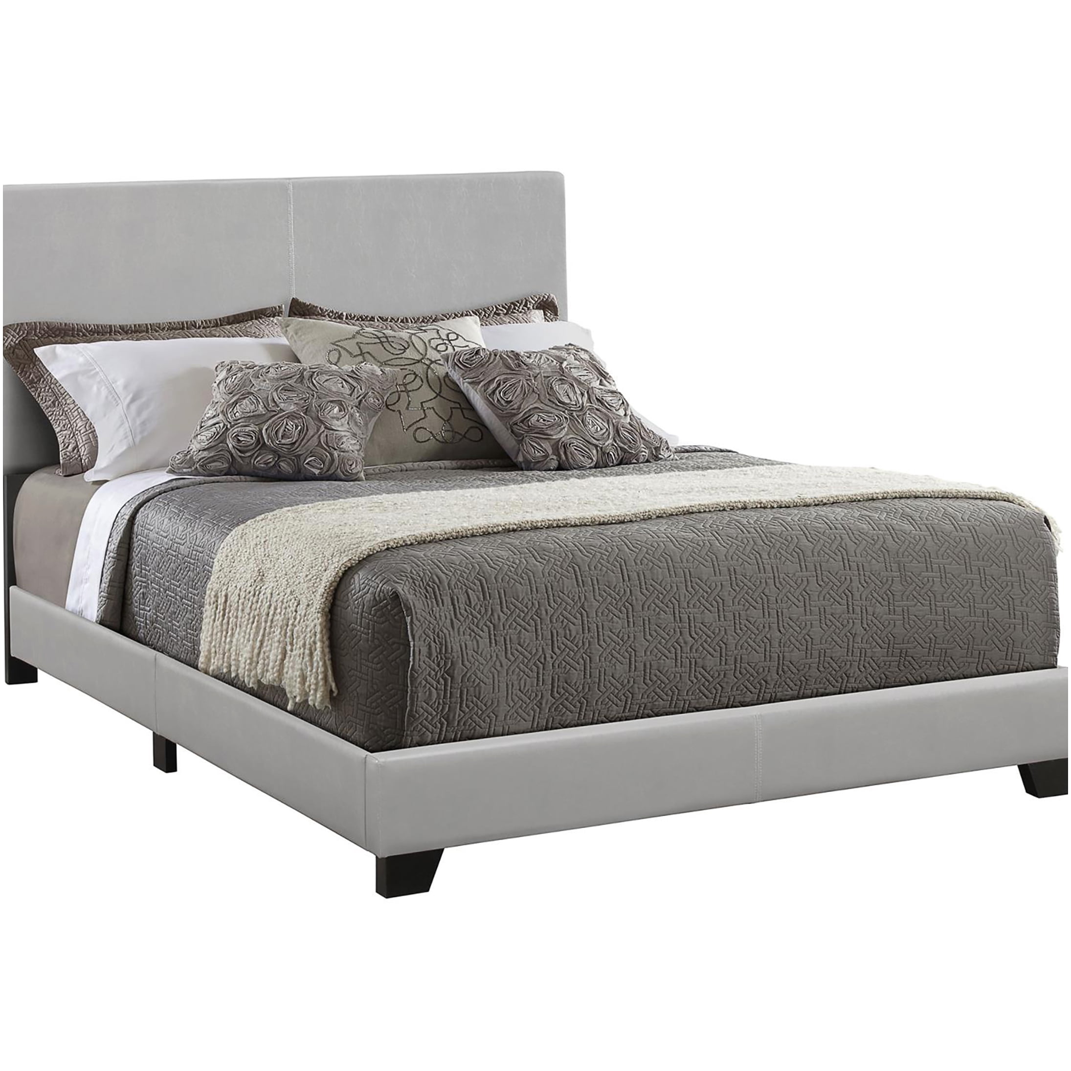 Modern Upholstered Queen Bed Frame with Panel Headboard, Low Profile Platform Bed, Faux Leather, Grey