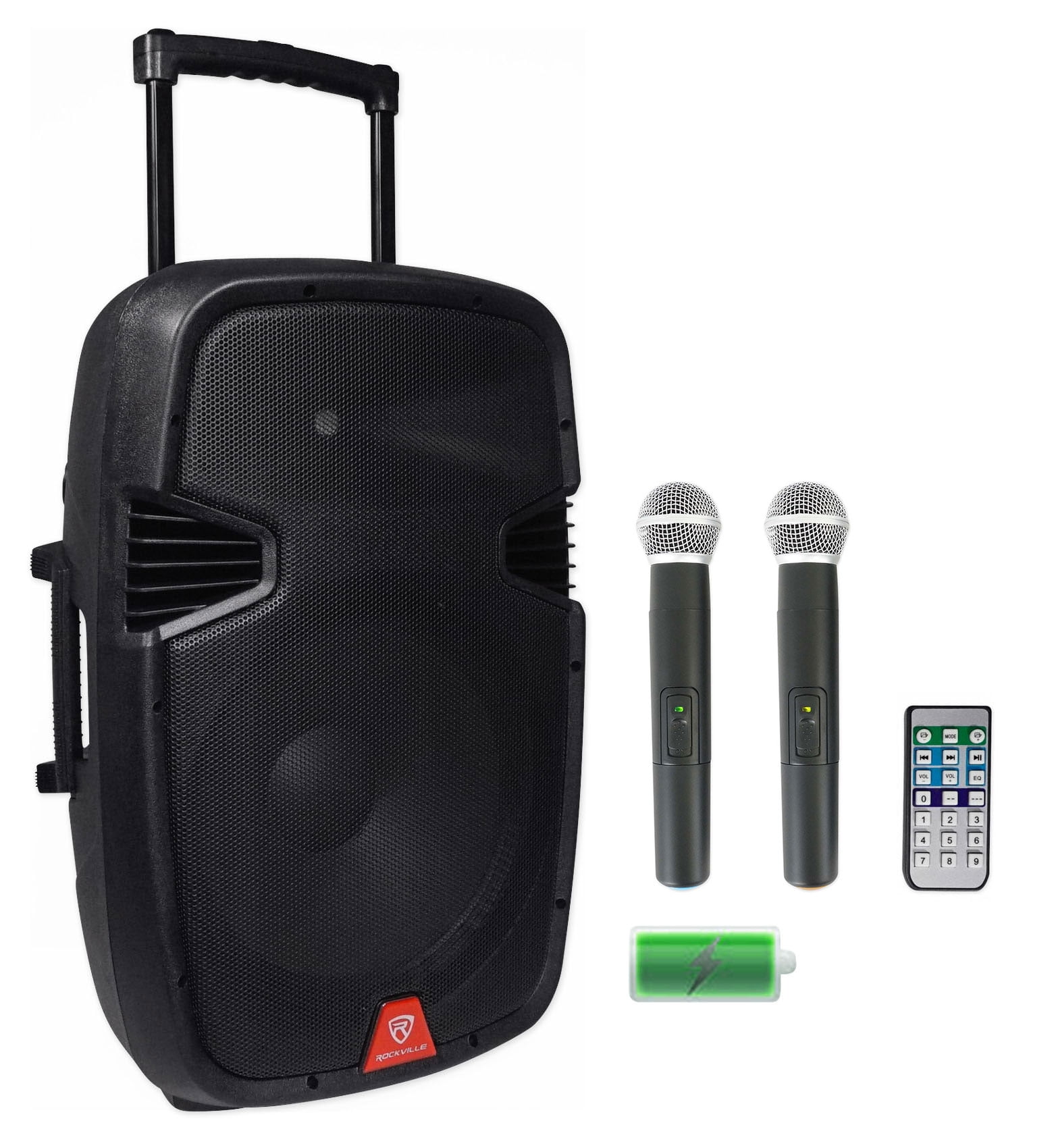 Rockville RAM15BT 15" Rechargeable Powered 800W PA DJ Speaker, 2 Mics