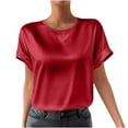 thumbnail image 2 of XUNKUSGA Tops for Women Classic Satin Silk Ladies Tops and Blouses Casual Crew Neck Short Sleeve Womens Blouses Comfortable Loose Soild Color Work Tunic Tops S-2XL Red, 2 of 9