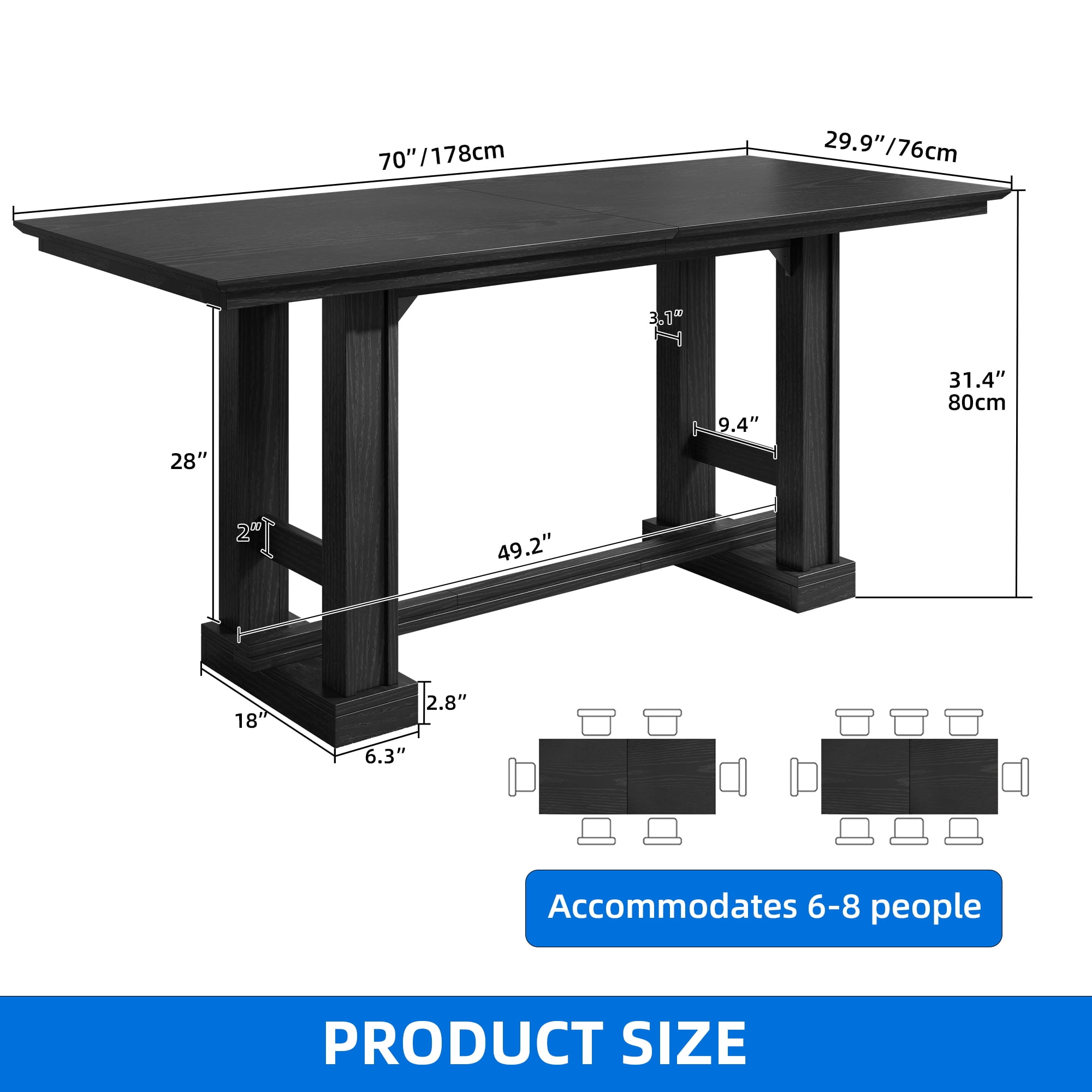 Uforic 70" Dining Table for 6–8 People, Farmhouse Rectangular Kitchen Table with Thick Base for Dining Room, Living Room, and Kitchen, Black