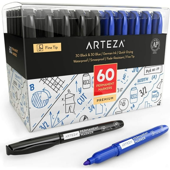 ARTEZA Permanent Markers Set of 60 (30 Black and 30 Blue, Fine Tip) - Quick Drying - Waterproof - Quality Permanent Marker Fine Tip Pens