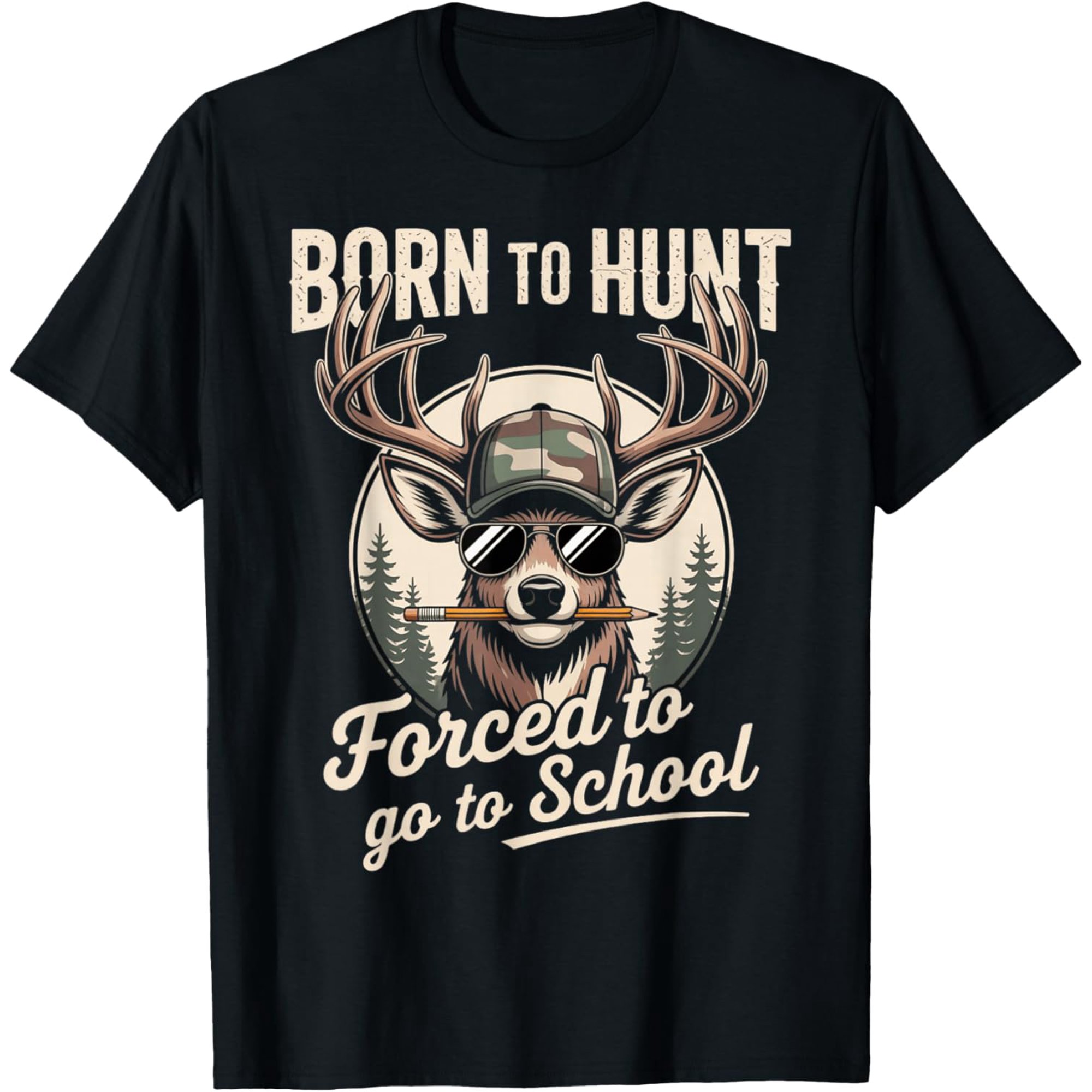 Funny Camo Deer Hunting Men Adult Forced to Go to School Kids Boys Girls T-shirt