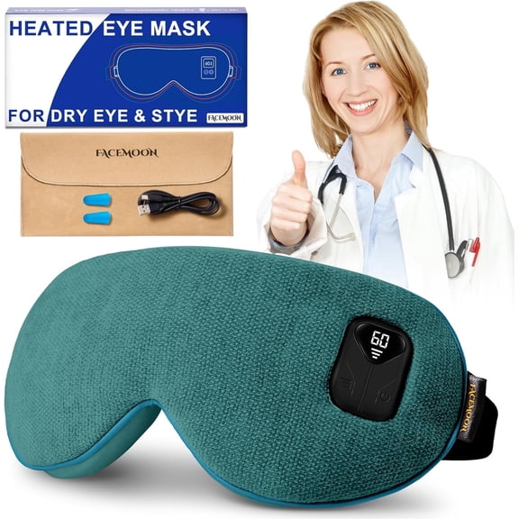 FACEMOON Heated Eye Mask for Dry Eyes: Electric Warm Compress for Blepharitis Stye Tired Eyes - Cordless Moist Heat Relief Heating - Stable Temp 1500 Mah Rechargeable Washable Green
