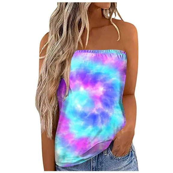 Women Summer Tops Women Print Strapless Bandeau Tank Casual Sleeveless Summer Vacation Loose Holiday Top Shirt Blouse Tanks Top Cheer Workout Shirts Bra in Tops for Clothes for Cardigan Set Sky Blue L