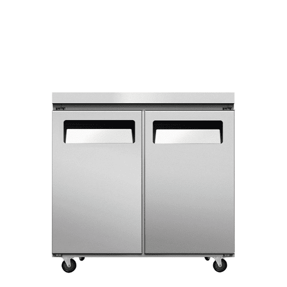 Cooler Depot 36.5 inch 13 cu.ft, 36" heigh Commercial Undercounter Freezer, 2 Solid Doors, Stainless steel exterior, NSF certified.