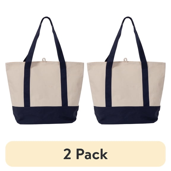 (2 pack) Planet E Deluxe Reusable Canvas Shopping Bag, Large Grocery Tote Bag, Navy/Beige