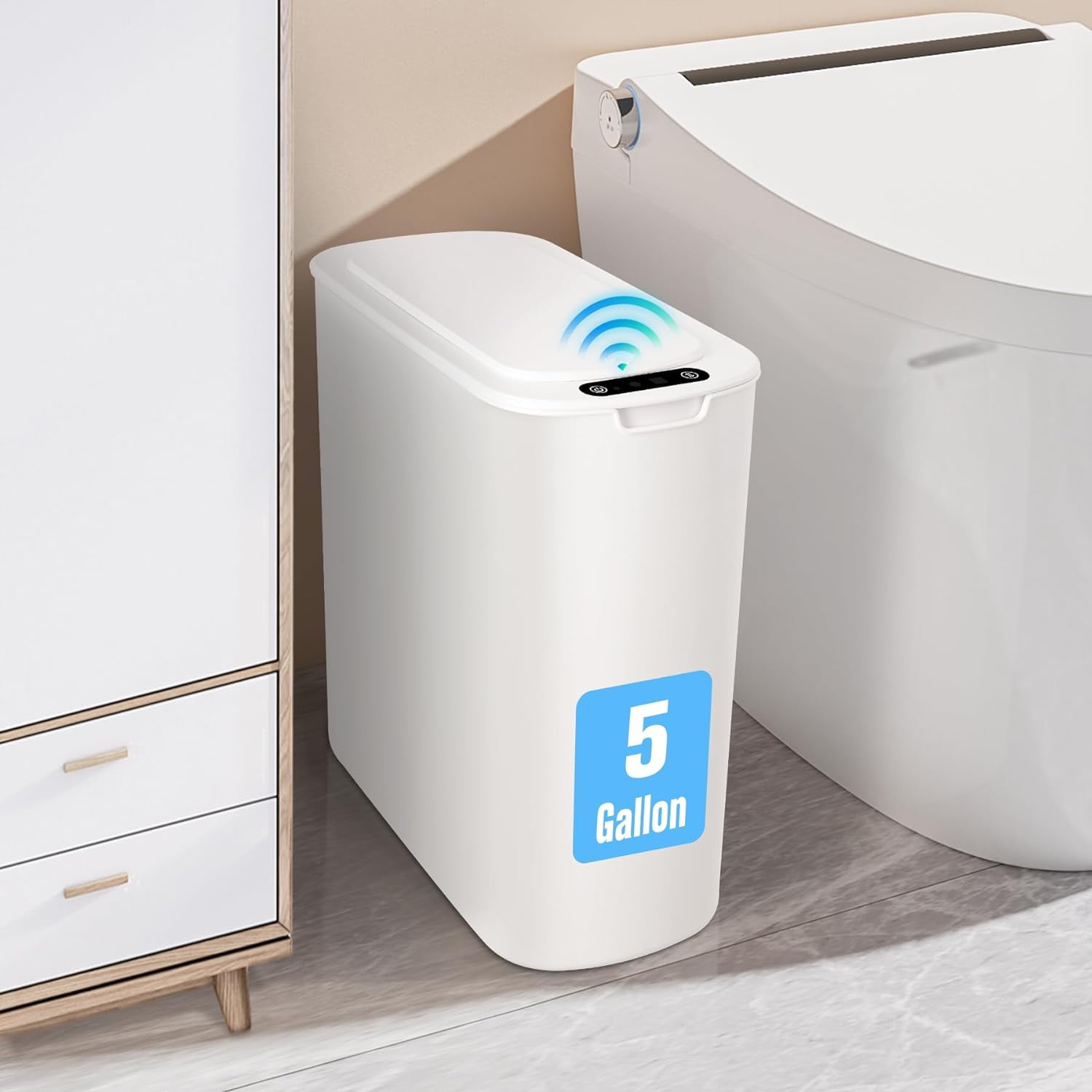 5 Gallon Automatic Bathroom Trash Can, Touchless Motion Sensor Garbage Can with Lid, Smart Plastic Slim Wastebasket for Bathroom, Office, rv, Bedroom, Living Room, Black
