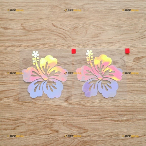 Hibiscus Flower Hawaii Hawaiian Decal Sticker Vinyl - 2 Pack Holographic Iridescent, 6 Inches - No Background Die Cut for Car Boat Laptop Cup
