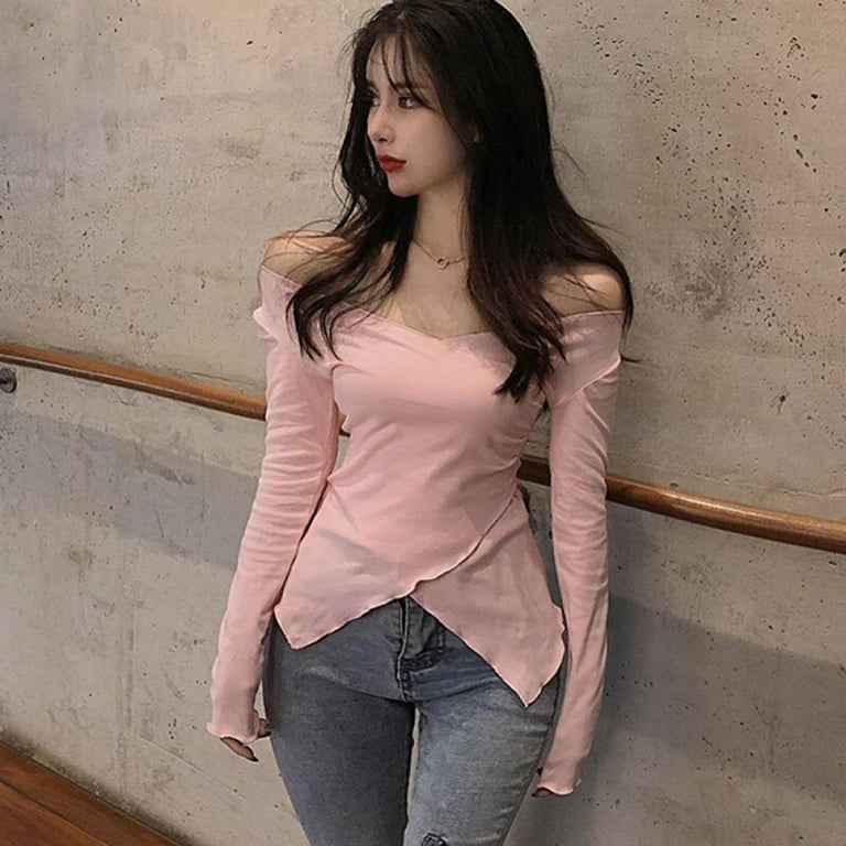 New Fashion Women Girls Korean Solid Color V-Neck Long Sleeve Slim
