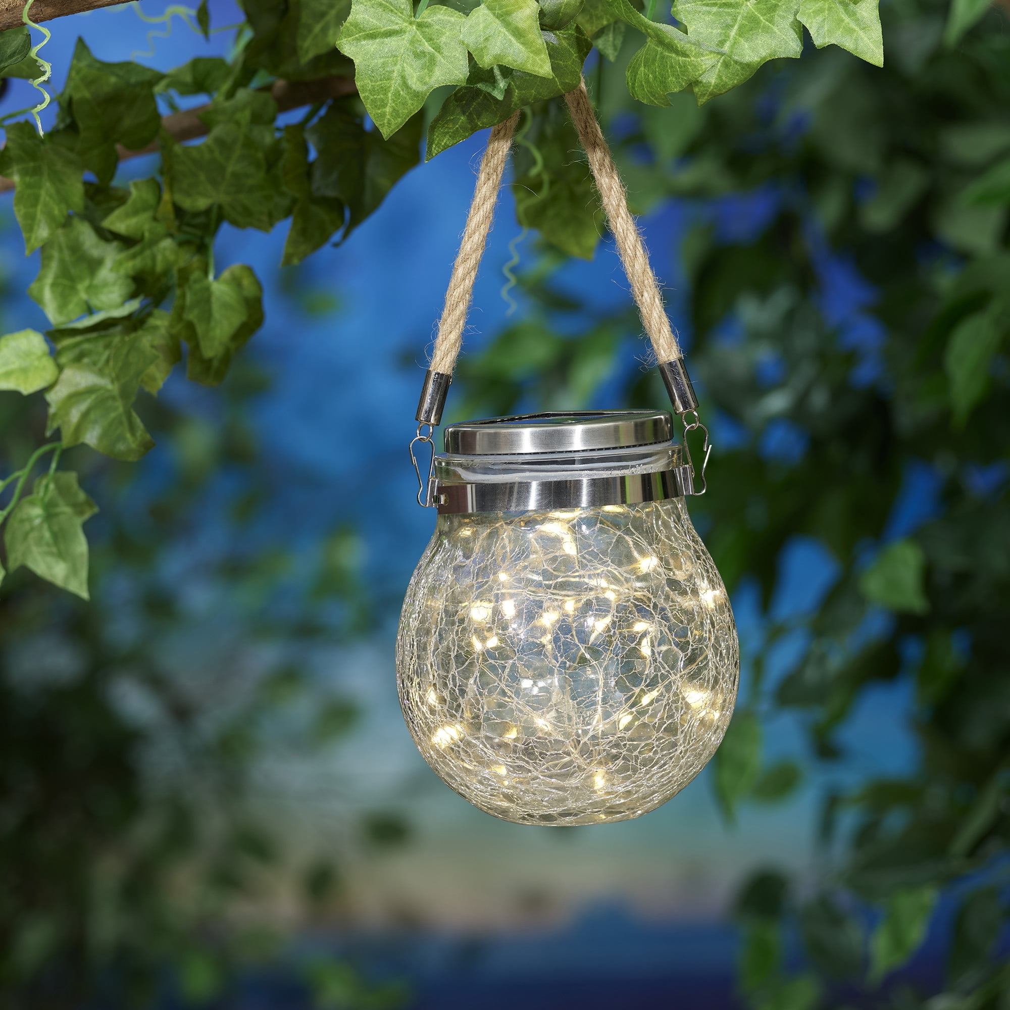 (2 pack) Mainstays 5.5" Crackle Glass Solar Powered Jar Light with Warm White LED Lights