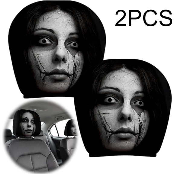 2Pcs Ghost Face Headrest Covers, Scary Face Printing Auto Seat Universal Elastic Models Headrest Protector with Glowing-Eye Effects Cover Funny Decoration for Car Interior Vehicle Truck SUV