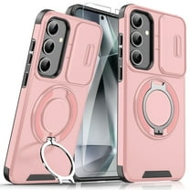 Dteck Magnetic Case with Tempered Glass Screen Protector for Samsung Galaxy A16 5G,Shockproof Hard Plastic Shell Phone Case with Phone Ring Grip Holder Kickstand/Slide Camera Cover,Pink