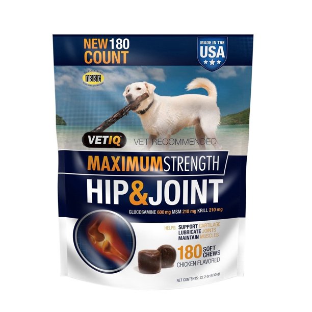 VetIQ Maximum Strength Hip And Joint Supplement For Dogs, 180 Chicken Flavored Soft Chews