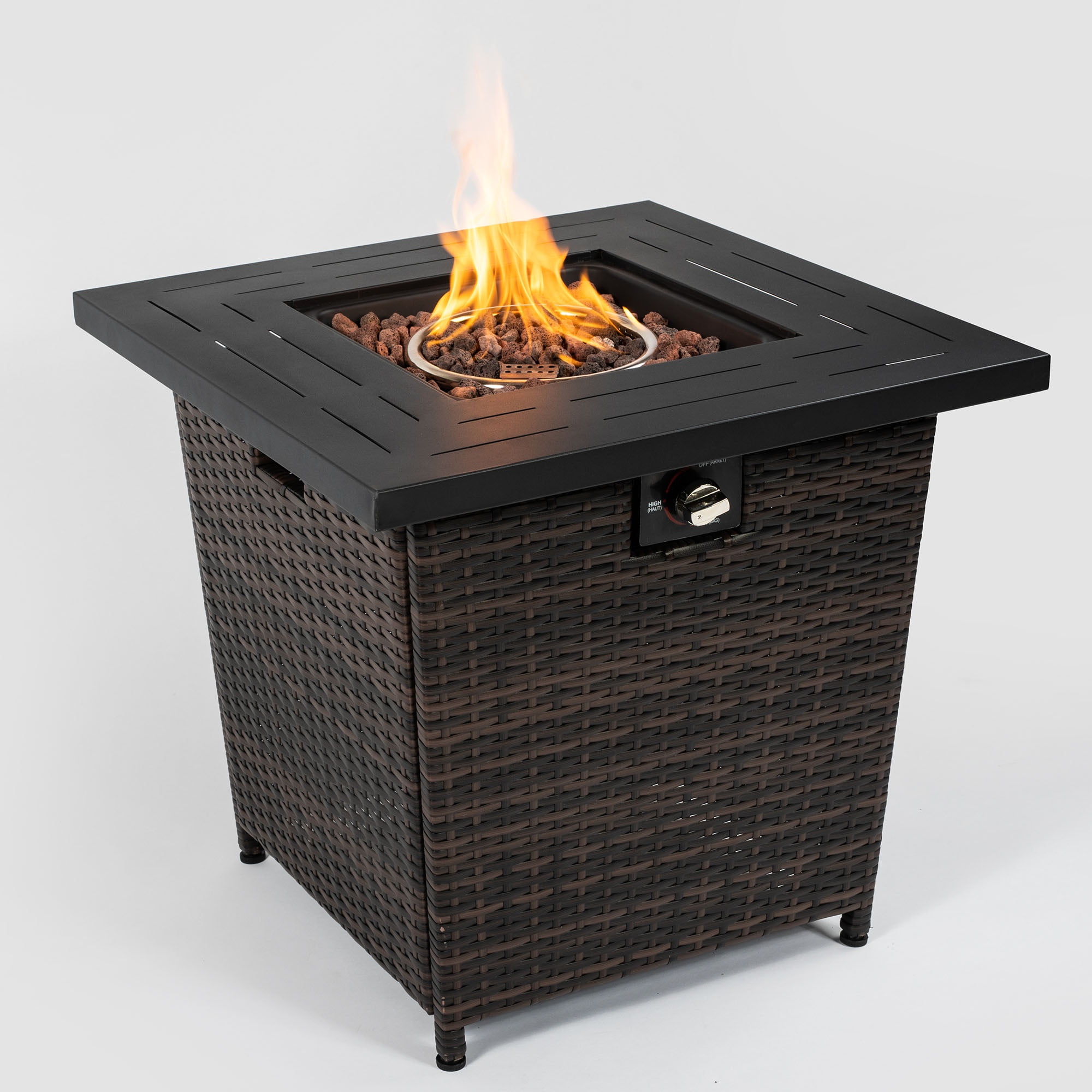 28" Propane Fire Pit Table, 50,000 BTU Square Gas Fire Pit, Heavy-Duty Steel with Lid,Heavy-Duty Steel & Rattan Base, Perfect for Backyard, Patio, Garden & Parties