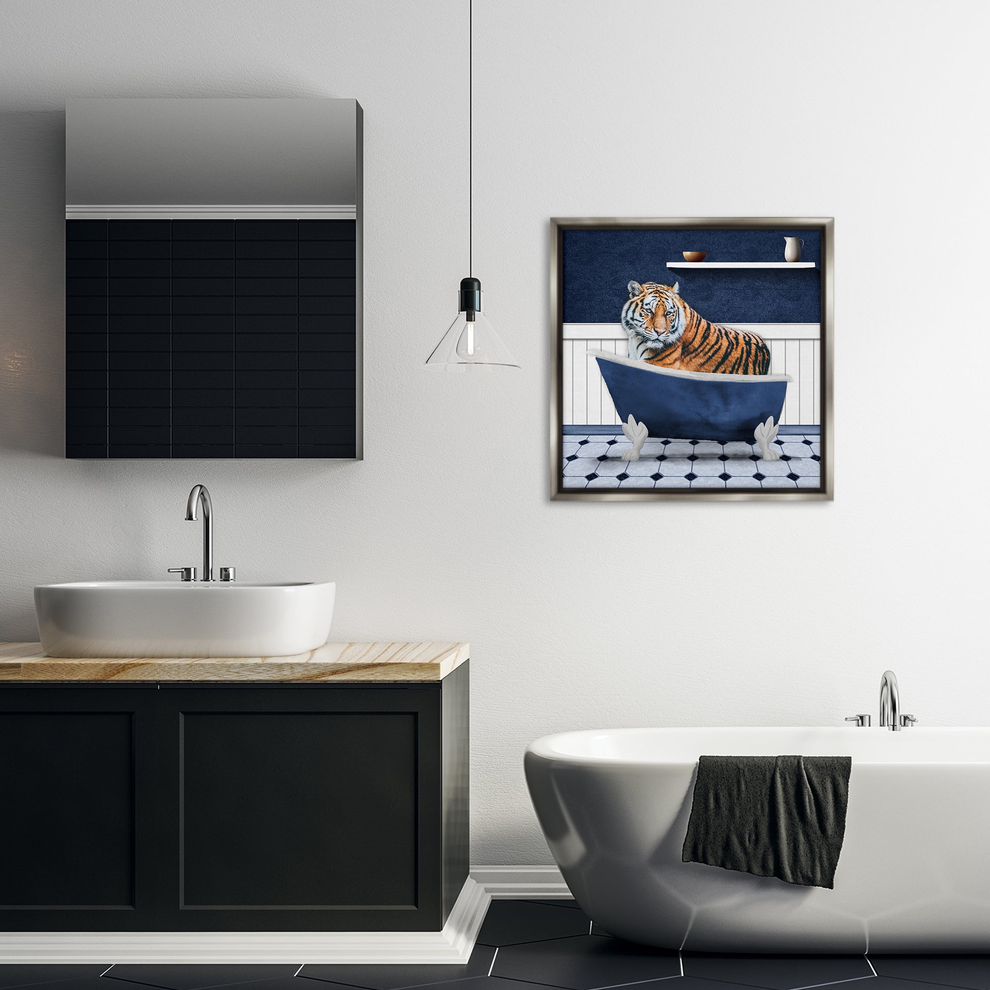 Stupell Industries Tiger in Blue Bathroom Bath & Laundry Painting Gray Floater Framed Canvas Art Print Wall Art, 25 x 25