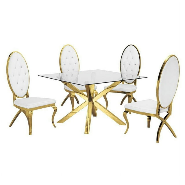 Square 47" x 47" Clear Glass 5pc Dining Set with Gold Stainless Steel
