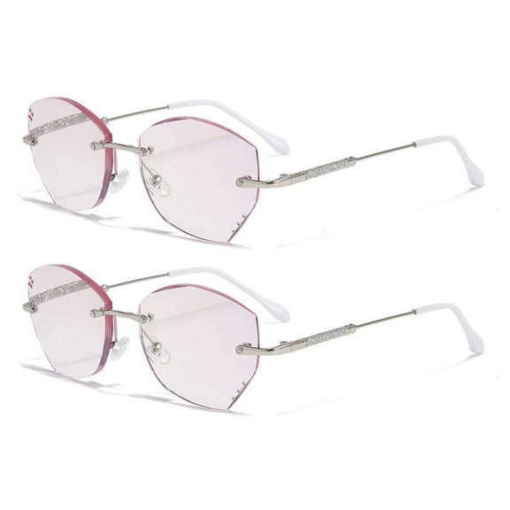 2 Pairs of Butterfly Diamond Silver Reading Glasses Gradient Pink Frameless Ultra-light Blue Light Blocking Readers for women