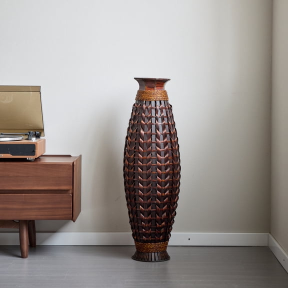Handwoven Natural Bamboo Floor Vase, 39" Tall Boho Decorative Vase for Living Room Entryway, Rustic Farmhouse Woven Vase for Pampas Grass