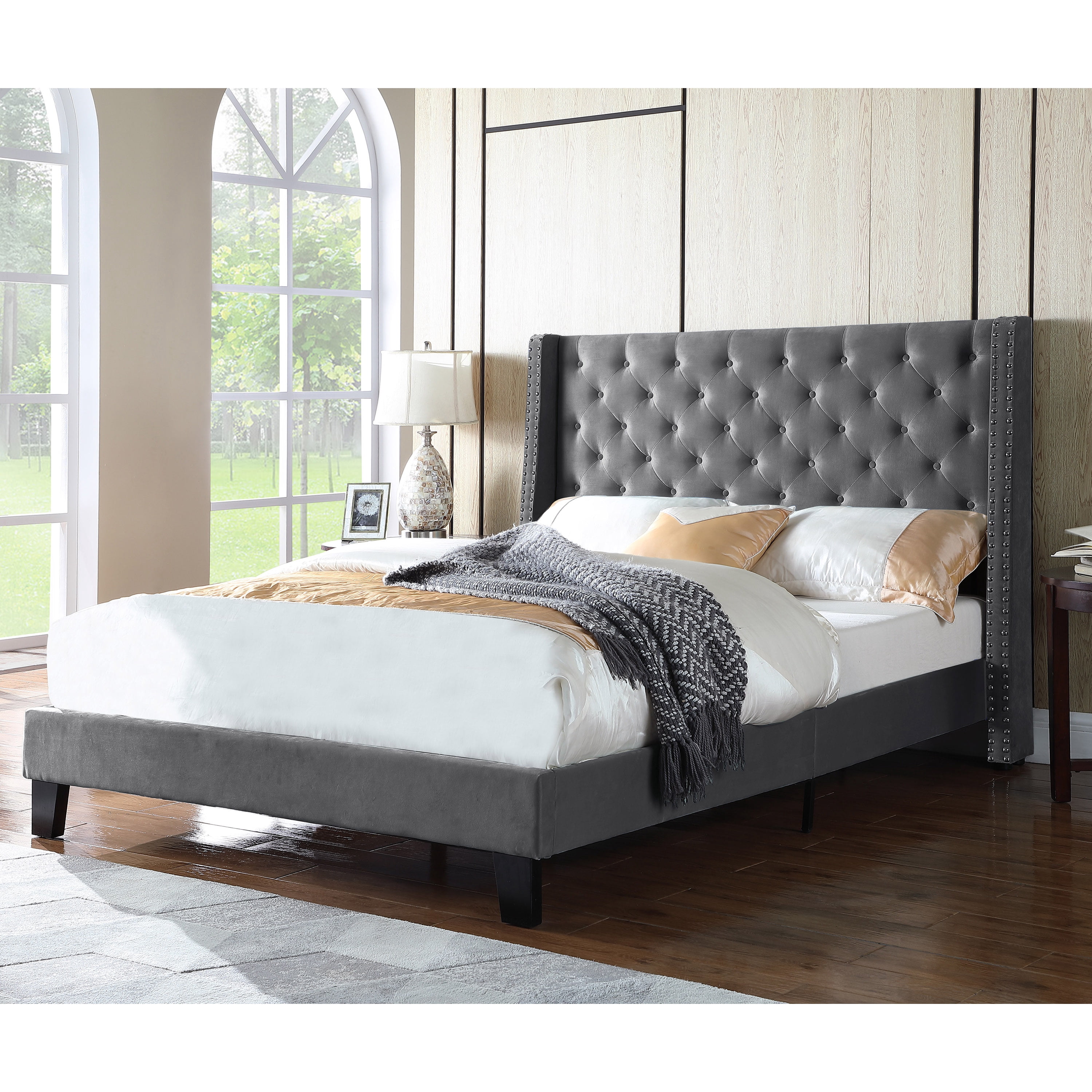 AC Pacific Full Modern Upholstered Platform Bed with Nailhead Trim, Gray
